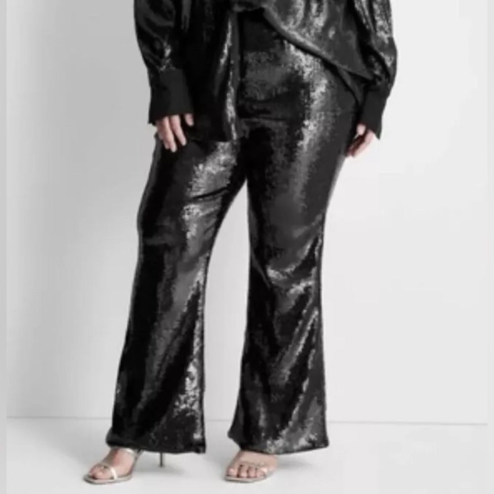 Future Collective Kahlana Barfield High-Rise Sequin Flare Pants Black size 24/26
